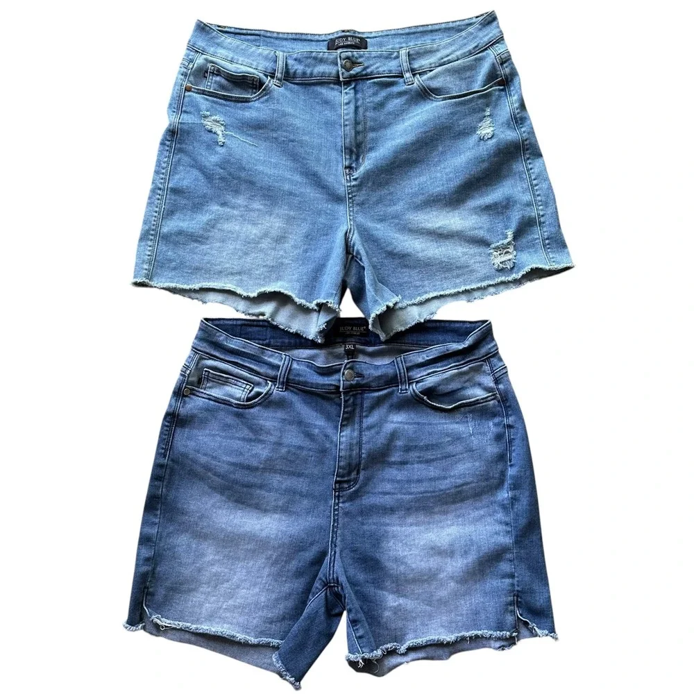 Judy Blue Denim Shorts Bundle of 2 Light & Medium Wash Distressed Raw Hem 3X